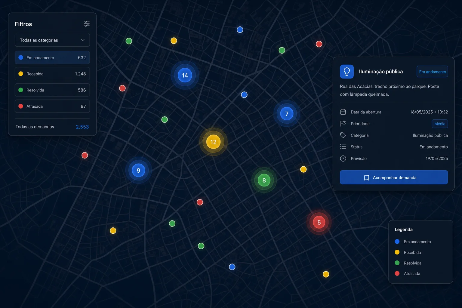 Mapa demonstrativo com demandas urbanas agrupadas por localização e status.