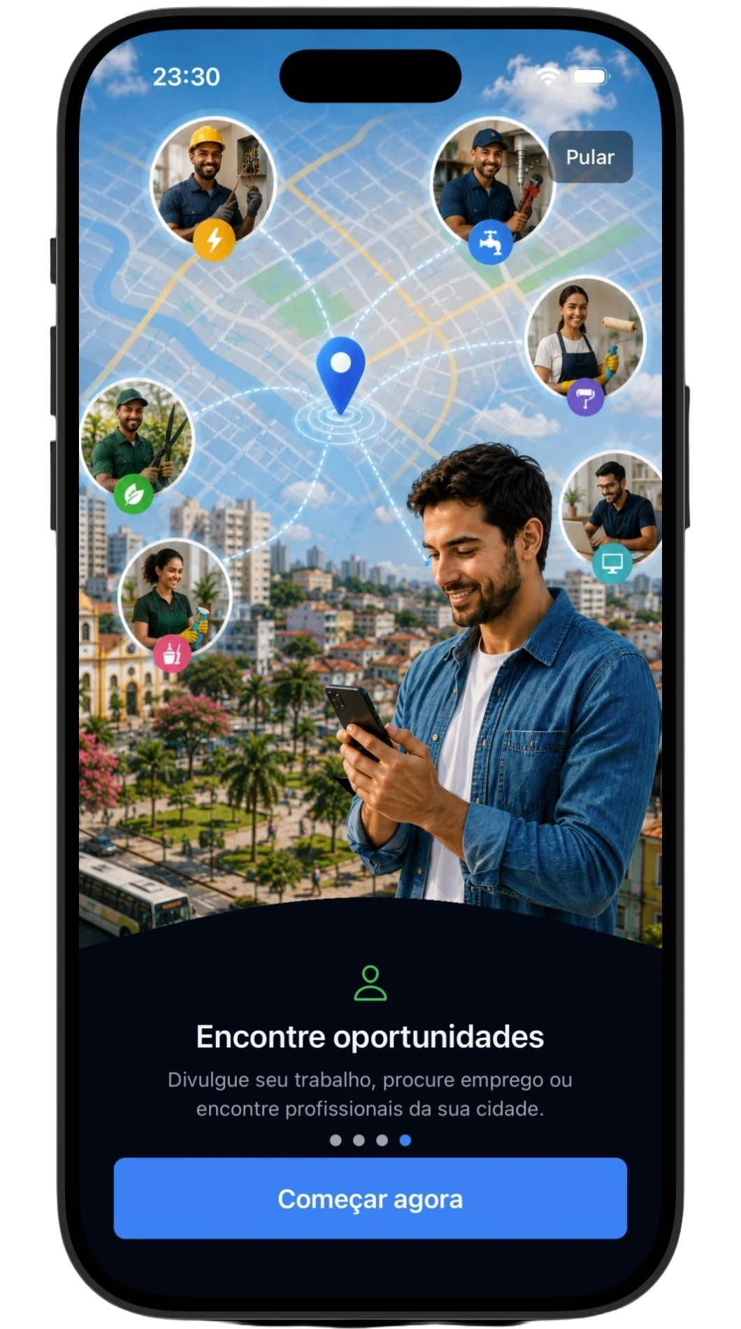 Tela inicial da Solucity para encontrar oportunidades de serviços e trabalho.