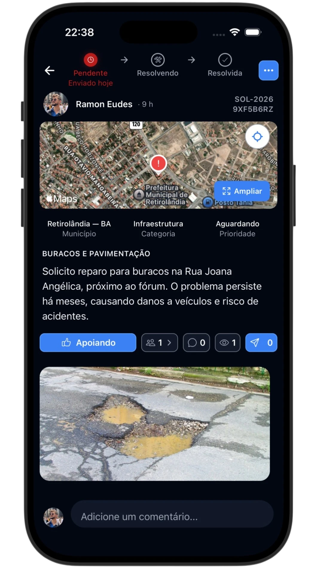Detalhe de uma reclamação na Solucity, com protocolo, status e foto.