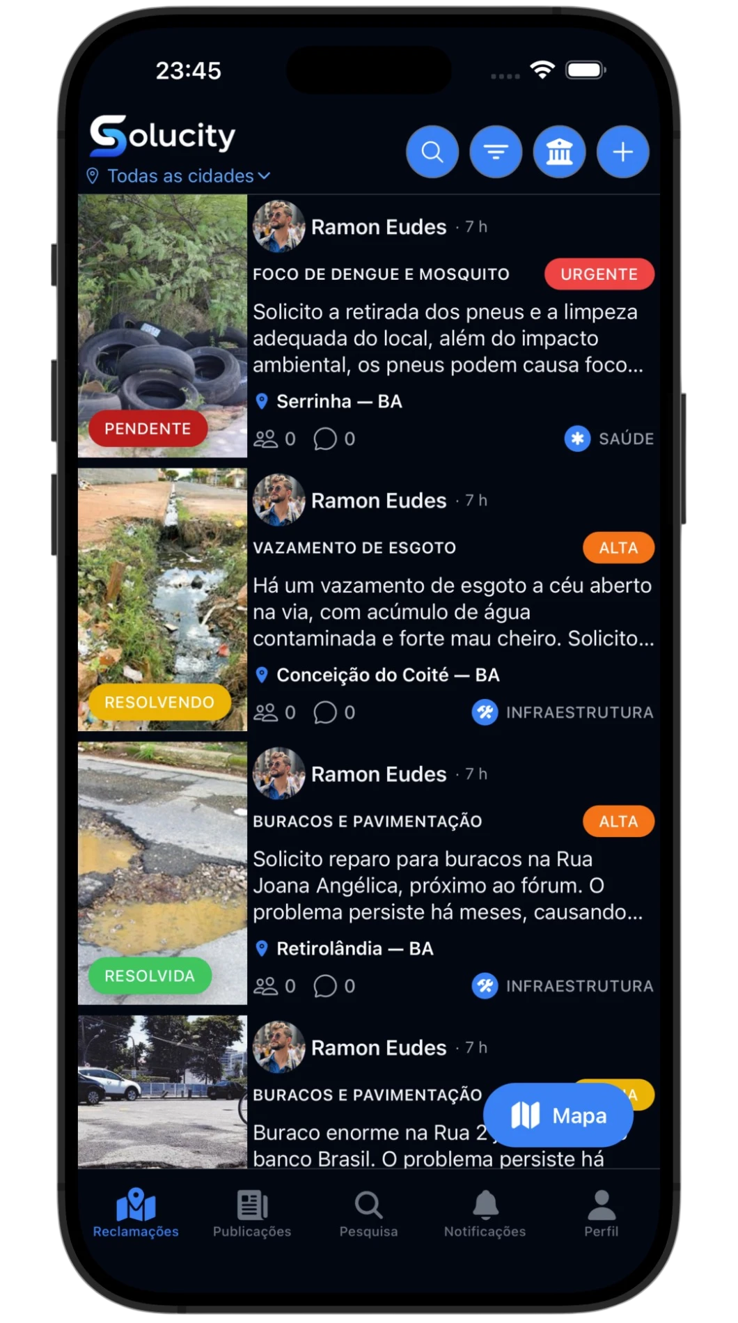 Lista de reclamações em resolução no aplicativo Solucity.