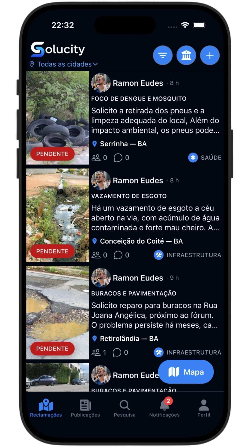 Lista de reclamações urbanas no aplicativo Solucity, com status visível.