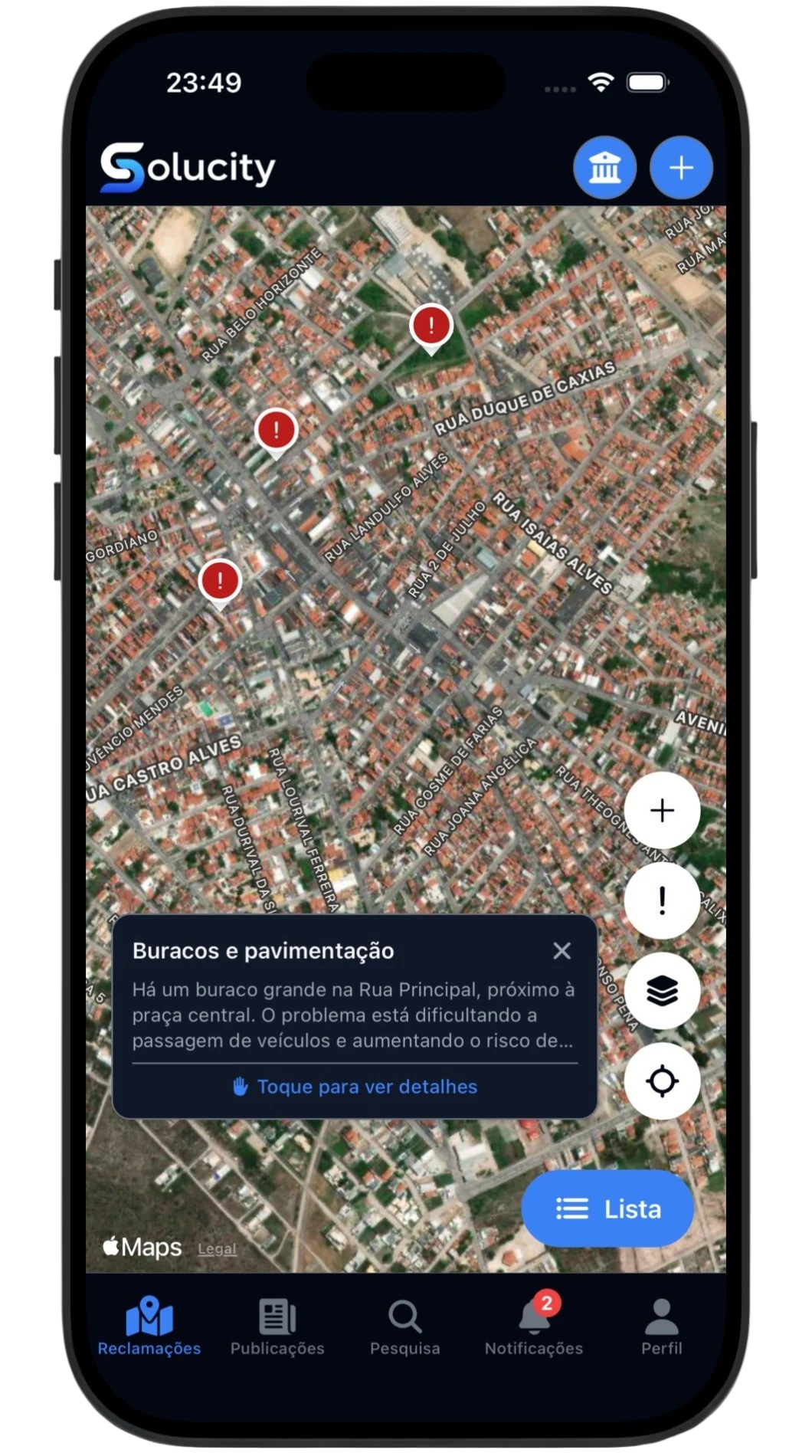 Mapa de reclamações do município no aplicativo Solucity, com pins no território.