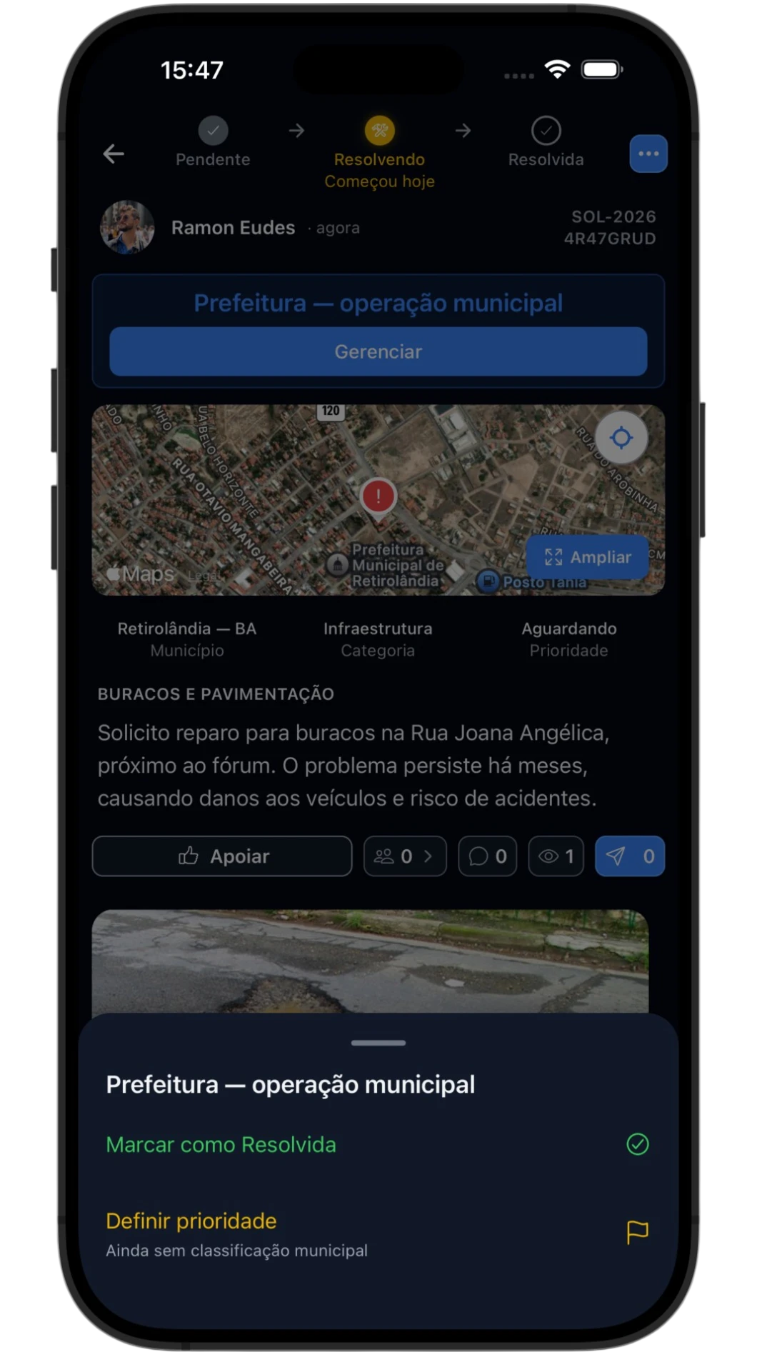 Painel da prefeitura na Solucity, com indicadores e status das reclamações.